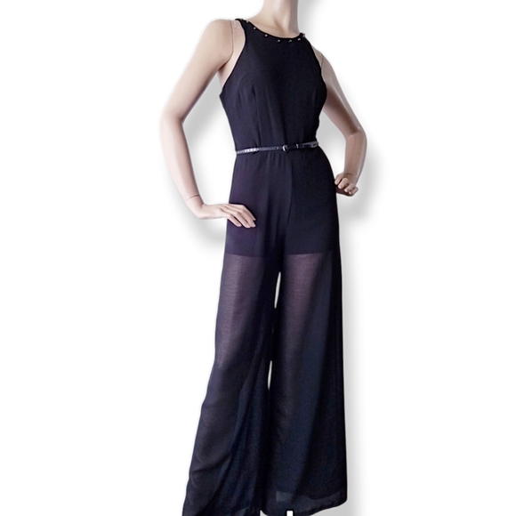 Mod Modele Black Chiffon Studded Belted Jumpsuit Size Small - Picture 3 of 9